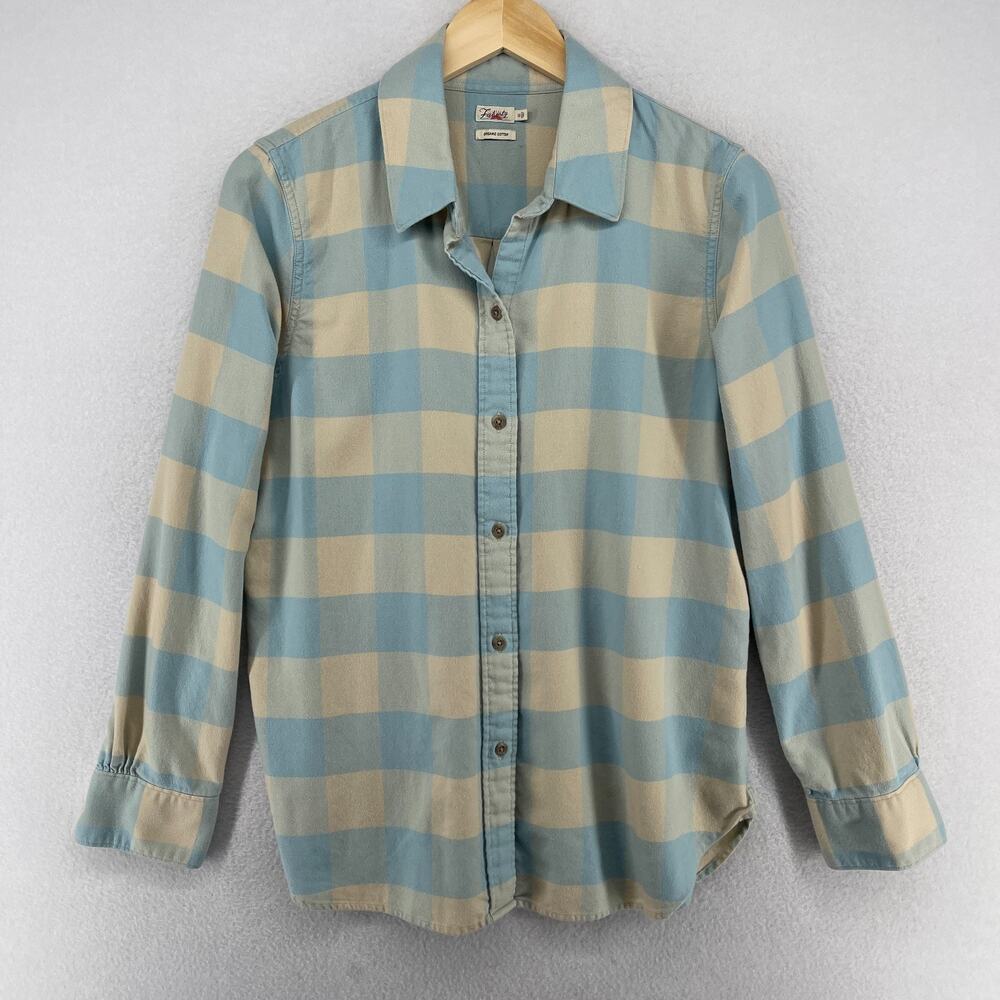Faherty Blue and Cream Plaid Button-Up Blouse